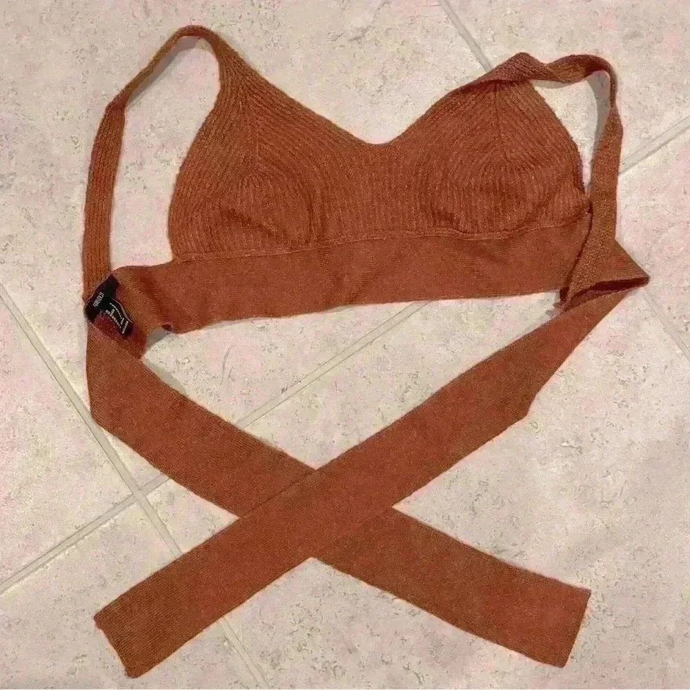 Forever 21 Rust Orange Tie Back Woven Knit Summer Festival Boho Hippie Crop Top - Picture 2 of 5